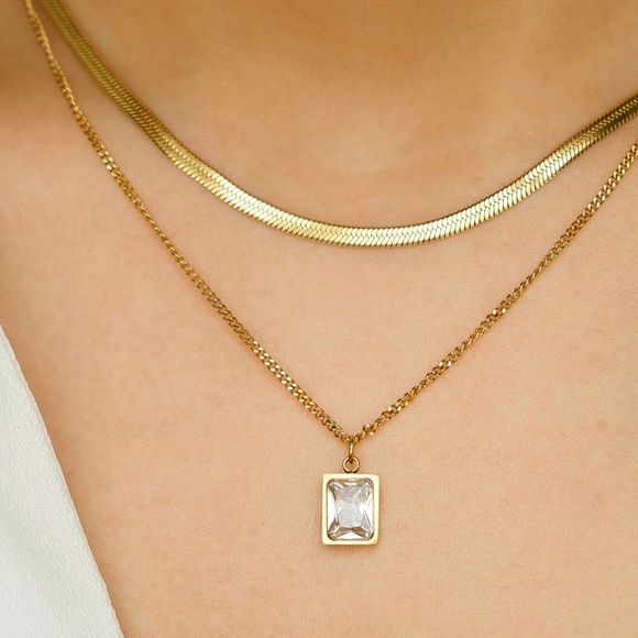 Herringbone Rectangle Zirconia Necklace Set | Gold Plated Stainless Steel - Picture 2 of 4